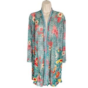 Ruby Rd XL Floral Embroidered Sheer Mesh Duster Kimono Cardigan Teal Pink Yellow